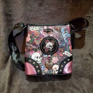 Ed Hardy Crossbody Rhinestone Skull Flowers Charm Black Lavender